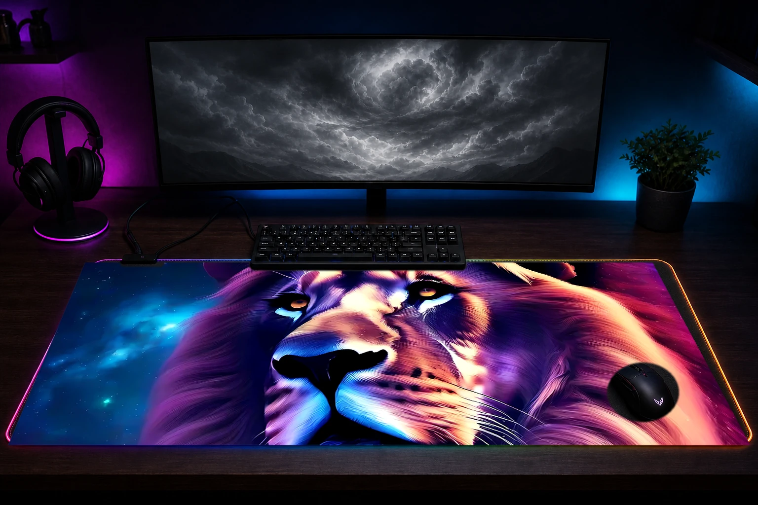 Space Lion RGB Desk Mat immersive setup scene