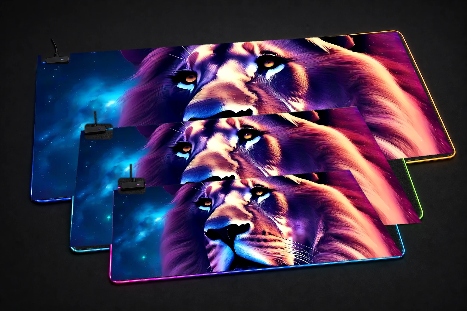 Space Lion RGB Desk Mat three-size comparison