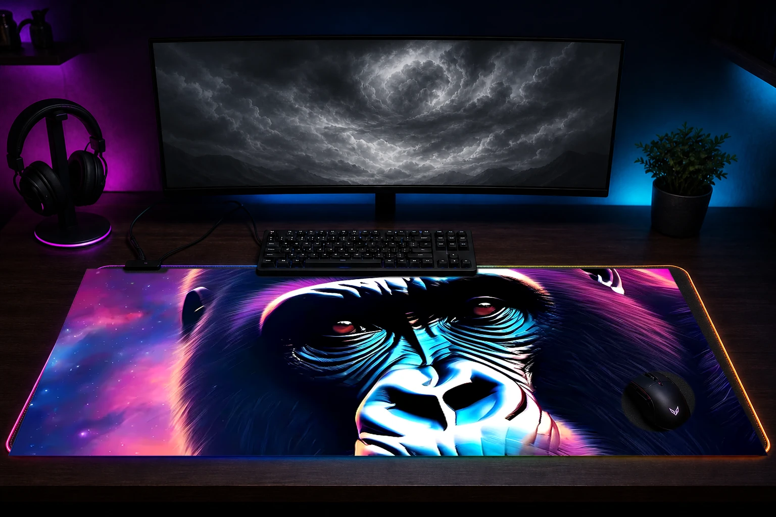 Space Gorilla RGB Desk Mat immersive setup scene
