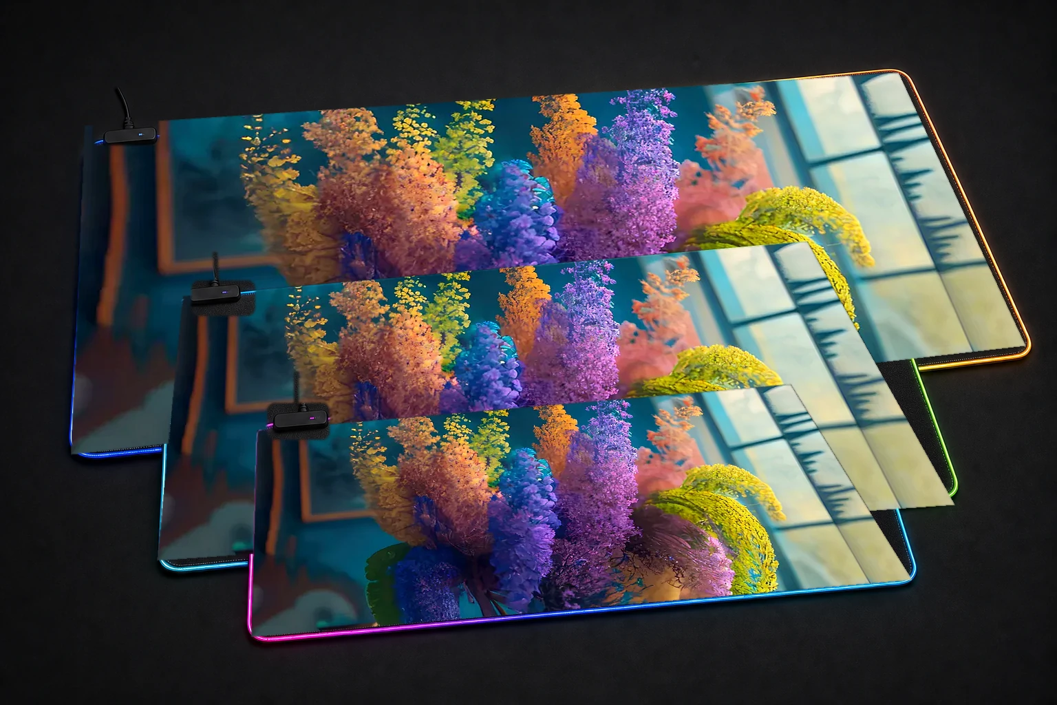 flower art RGB Desk Mat three-size comparison