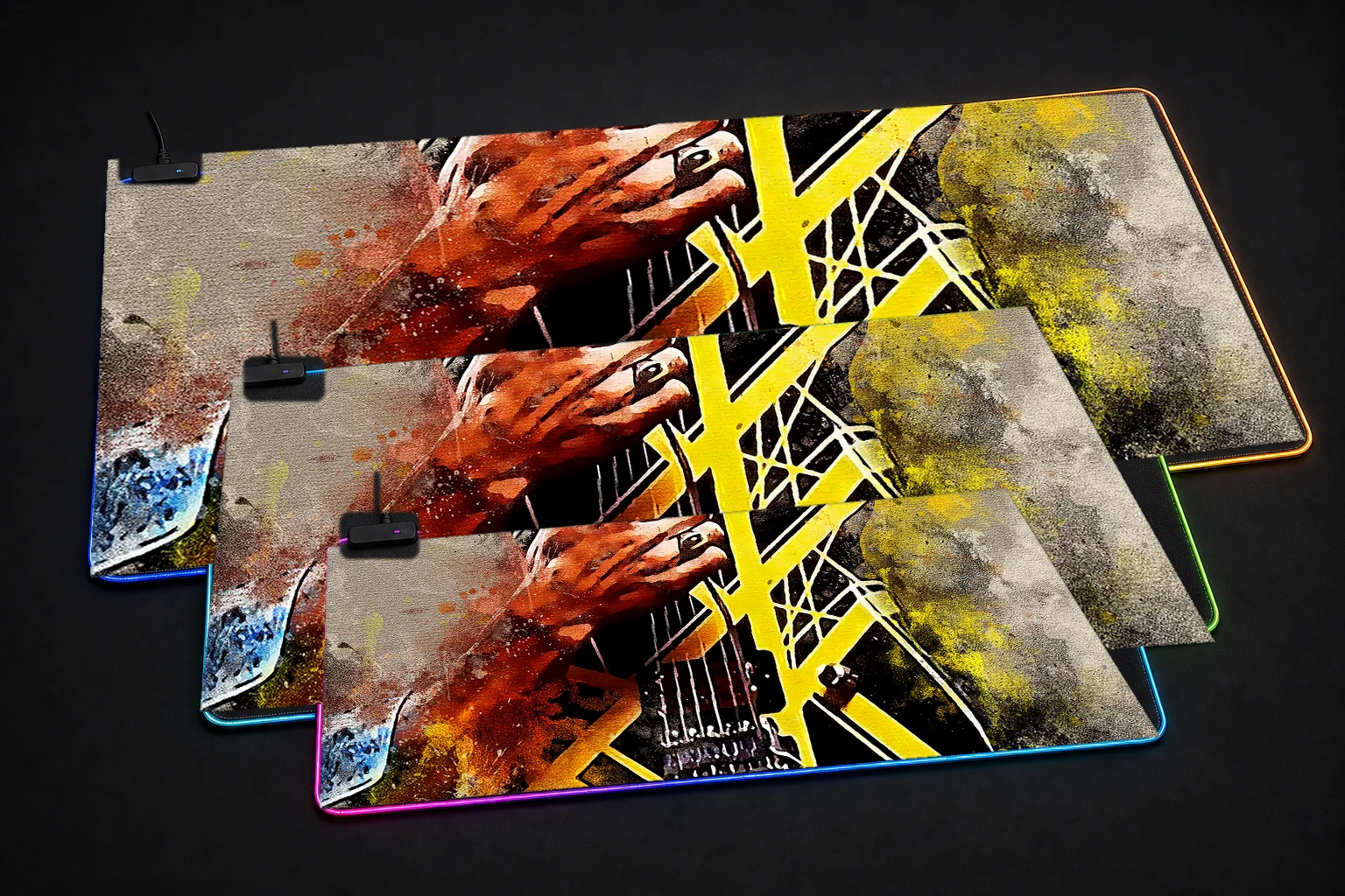 Gibson Eddie RGB Desk Mat three-size comparison