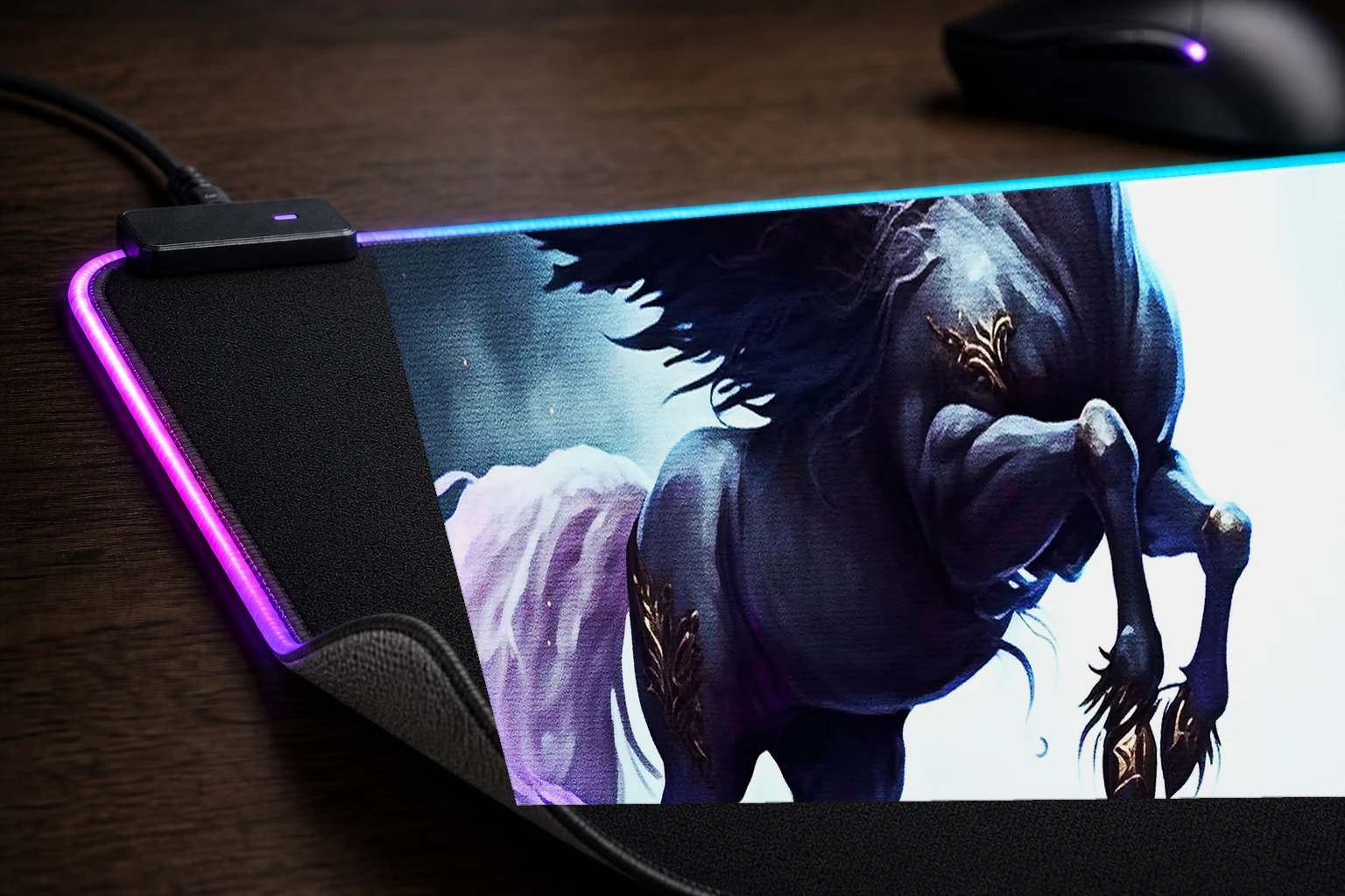Evil unicorn magic RGB Desk Mat controller and material detail
