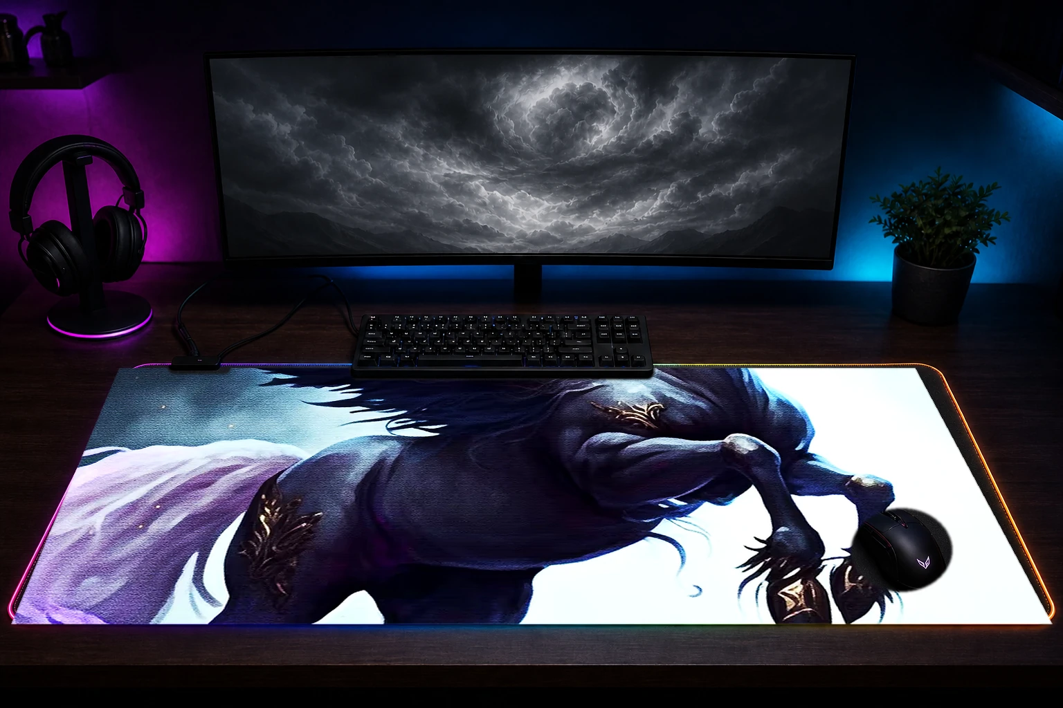 Evil unicorn magic RGB Desk Mat immersive setup scene