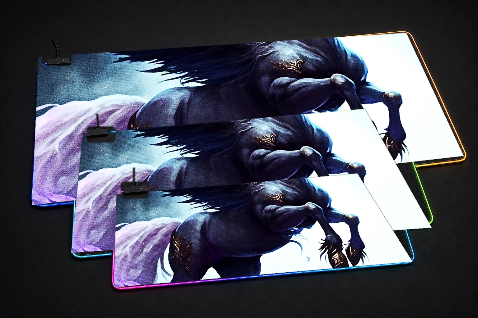 Evil unicorn magic RGB Desk Mat three-size comparison