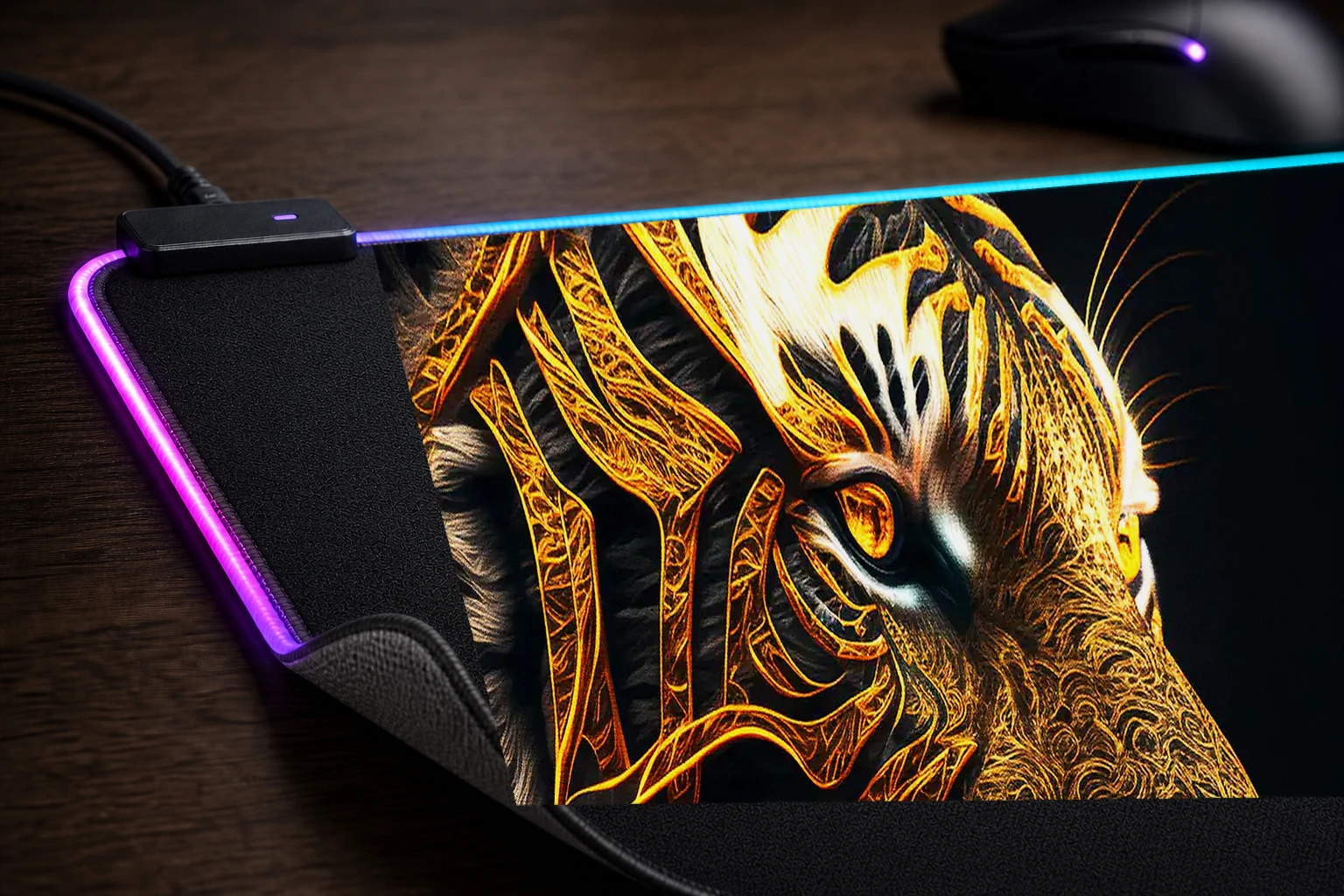 Portrait Mystic Tiger RGB Desk Mat controller and material detail