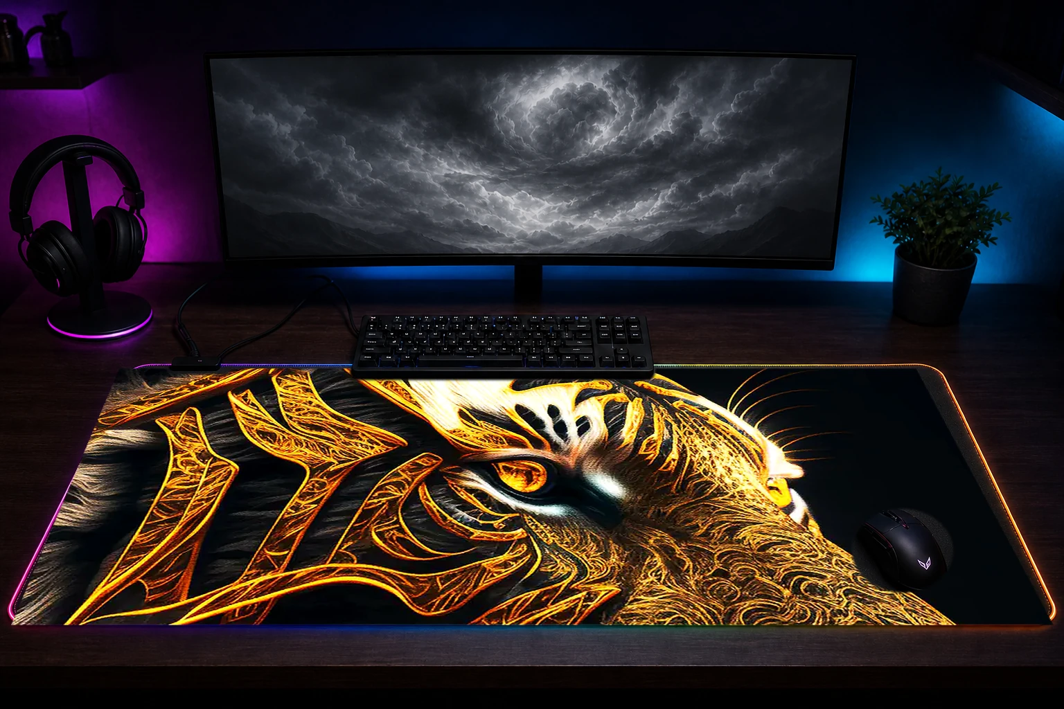 Portrait Mystic Tiger RGB Desk Mat immersive setup scene