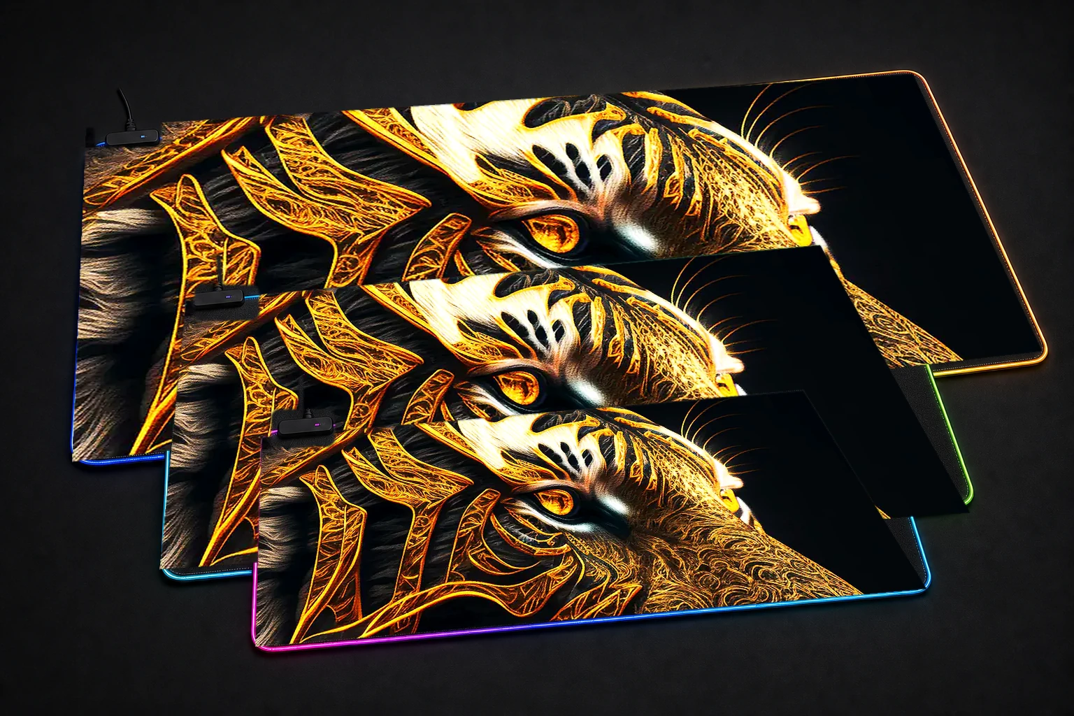 Portrait Mystic Tiger RGB Desk Mat three-size comparison