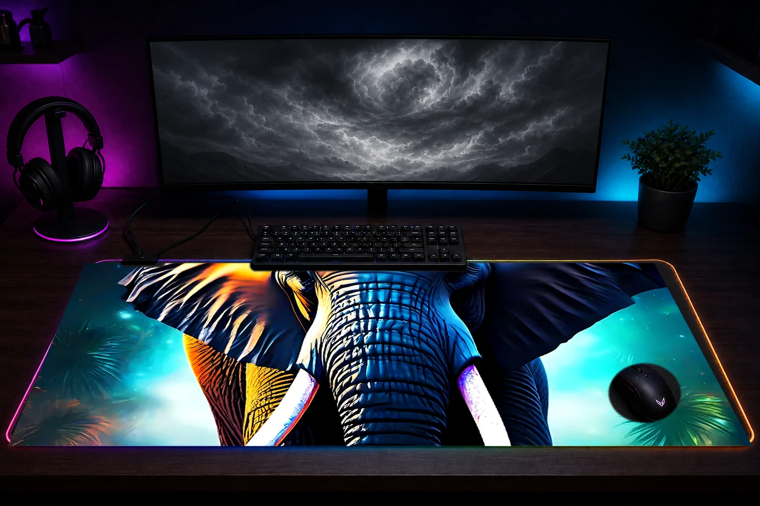Elephant RGB Desk Mat immersive setup scene