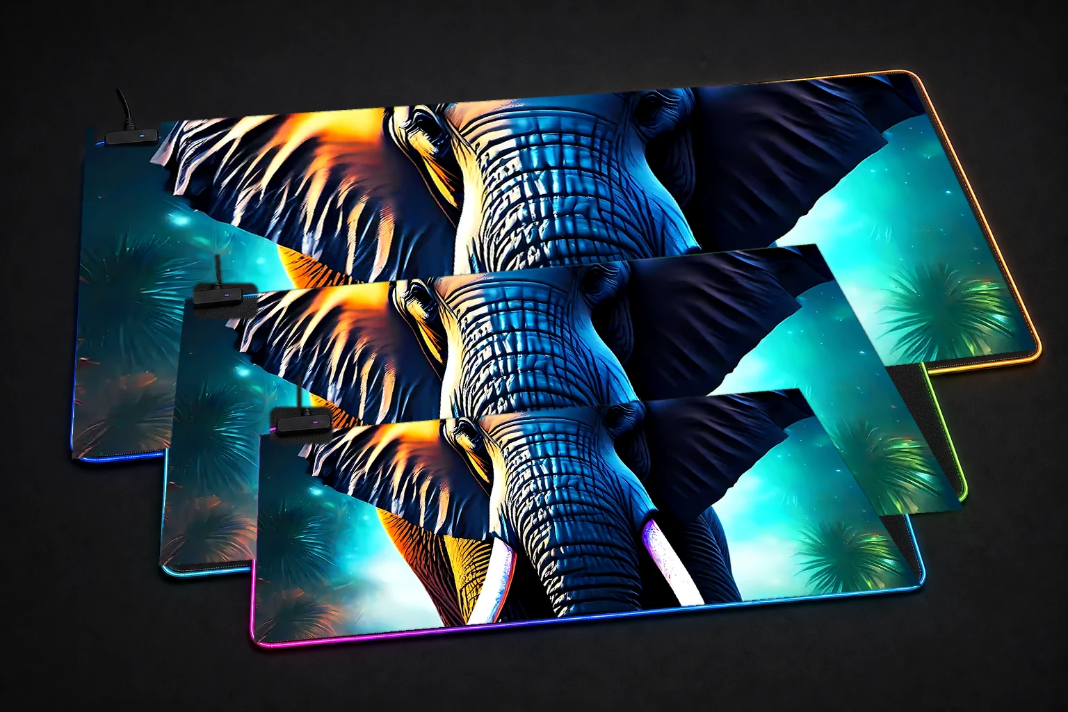 Elephant RGB Desk Mat three-size comparison