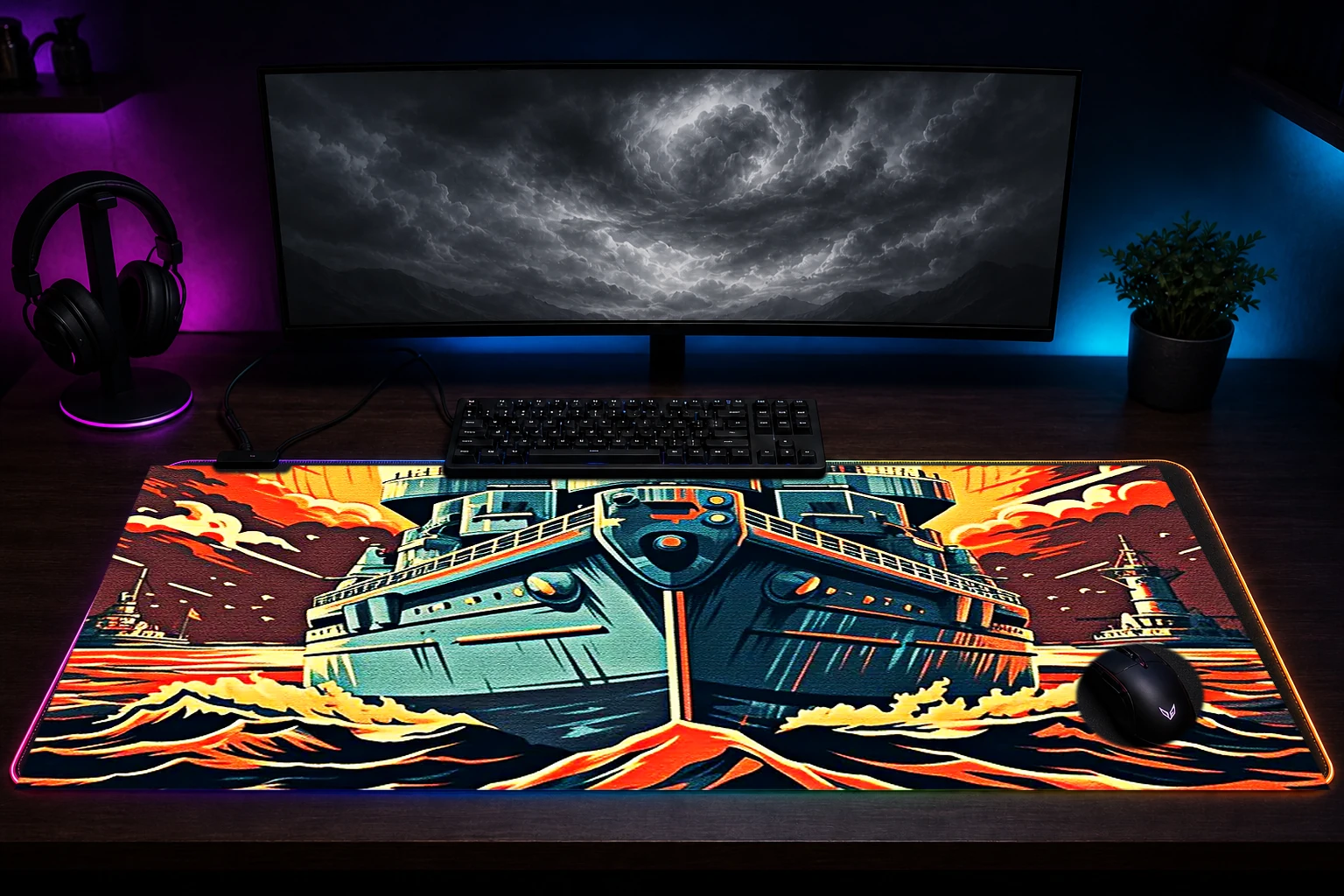 Vintage Warships RGB Desk Mat immersive setup scene