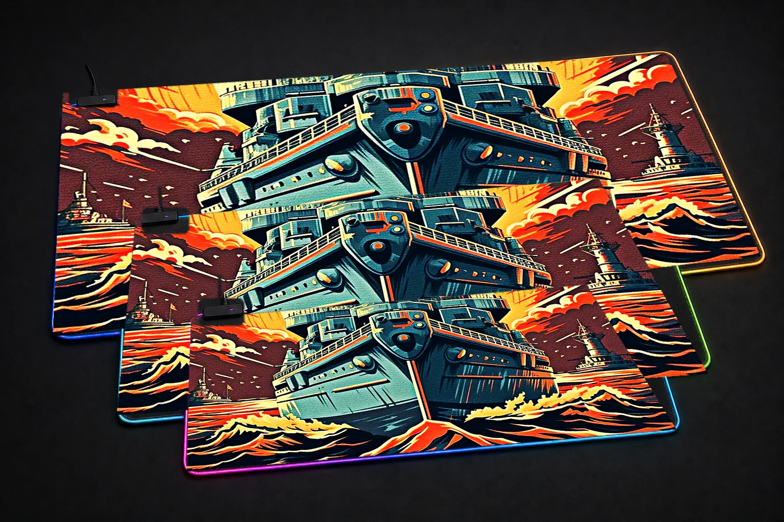 Vintage Warships RGB Desk Mat three-size comparison