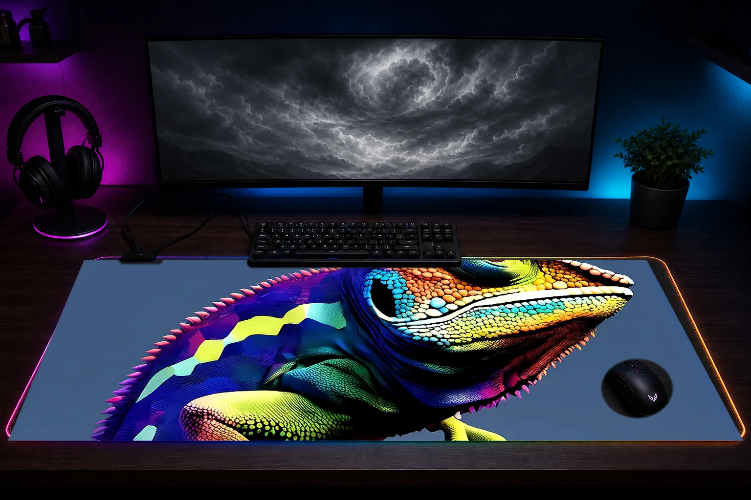 Chameleon RGB Desk Mat immersive setup scene