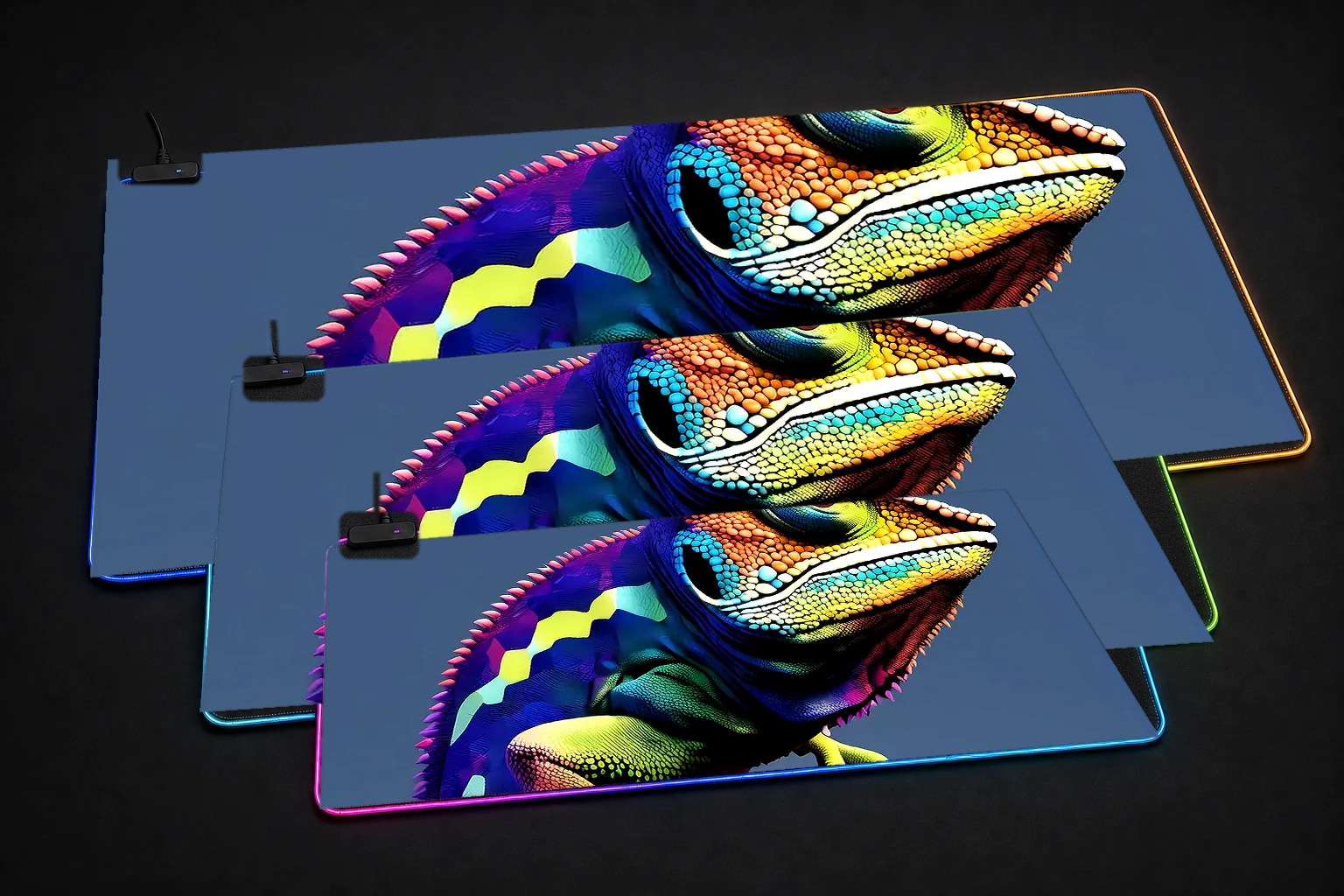 Chameleon RGB Desk Mat three-size comparison