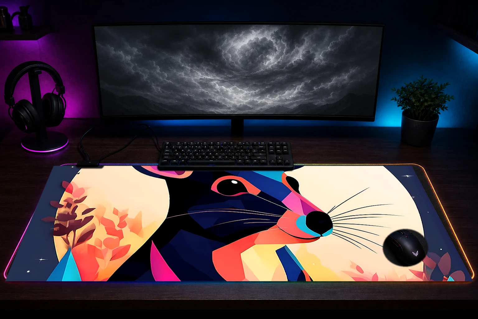 Rabbit RGB Desk Mat immersive setup scene