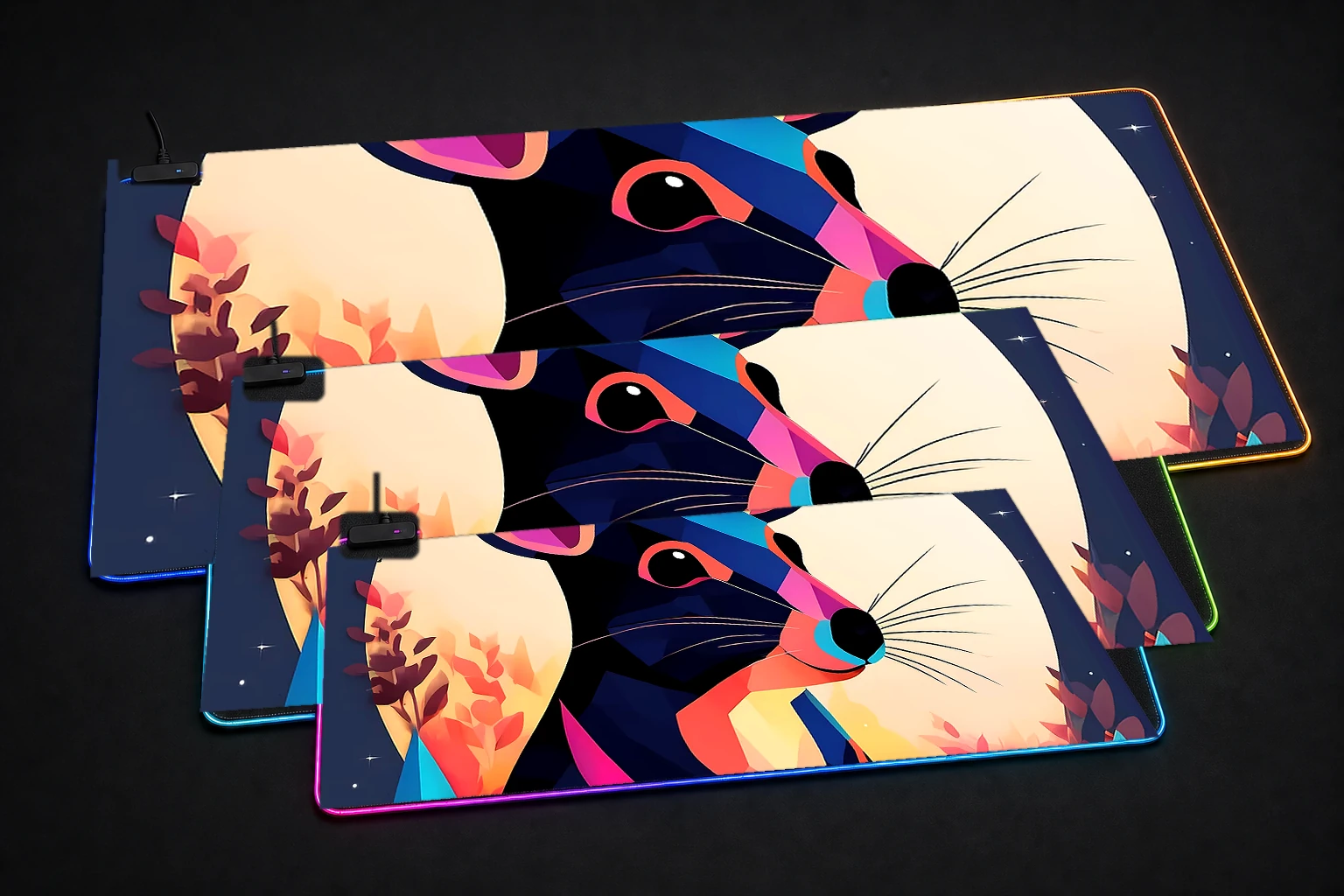 Rabbit RGB Desk Mat three-size comparison