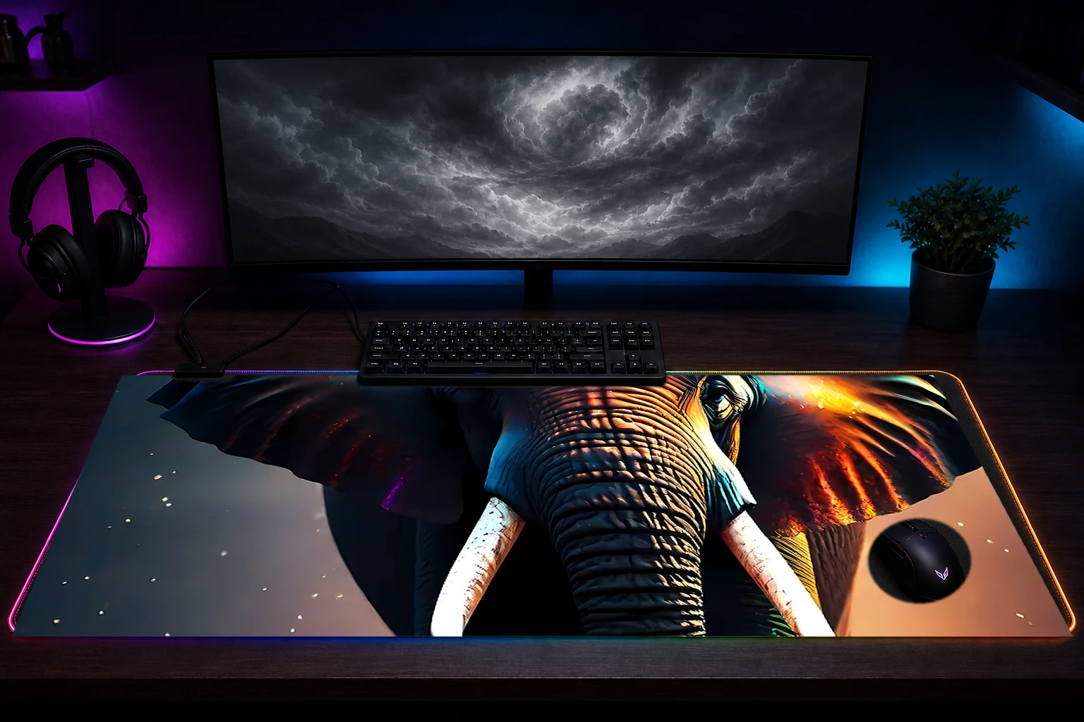 elephant RGB Desk Mat immersive setup scene