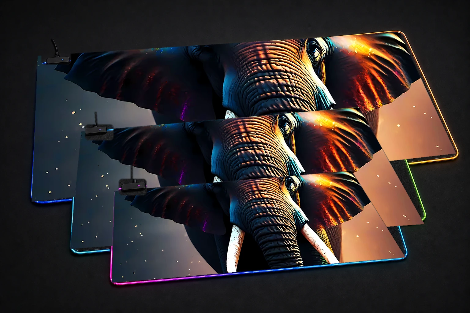 elephant RGB Desk Mat three-size comparison