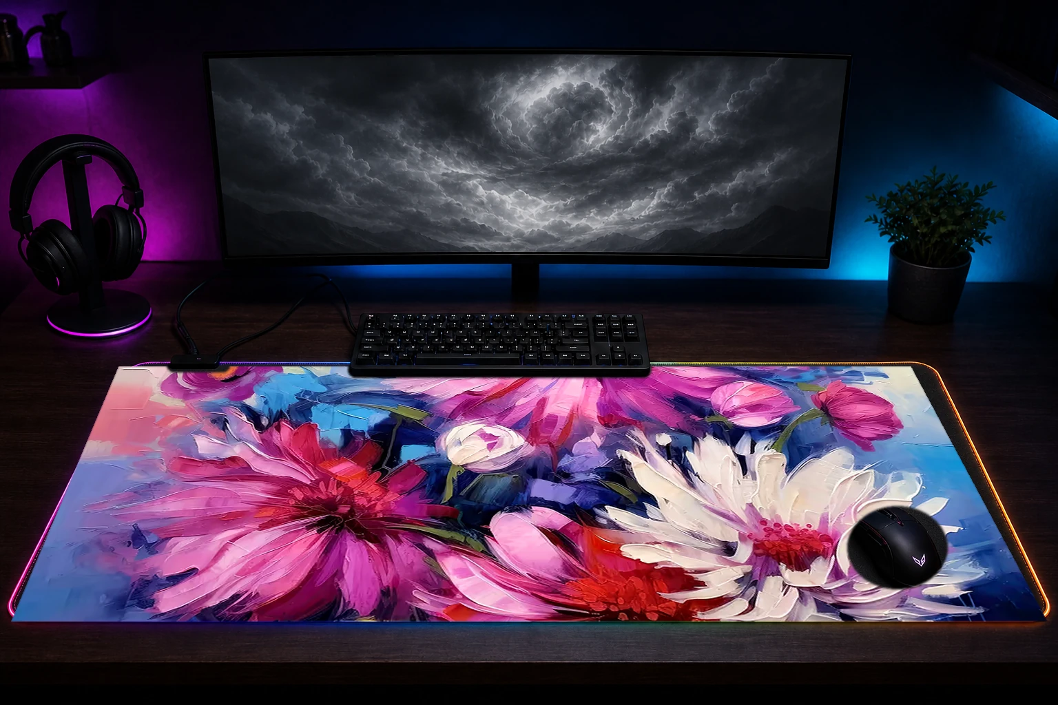 flower art RGB Desk Mat immersive setup scene