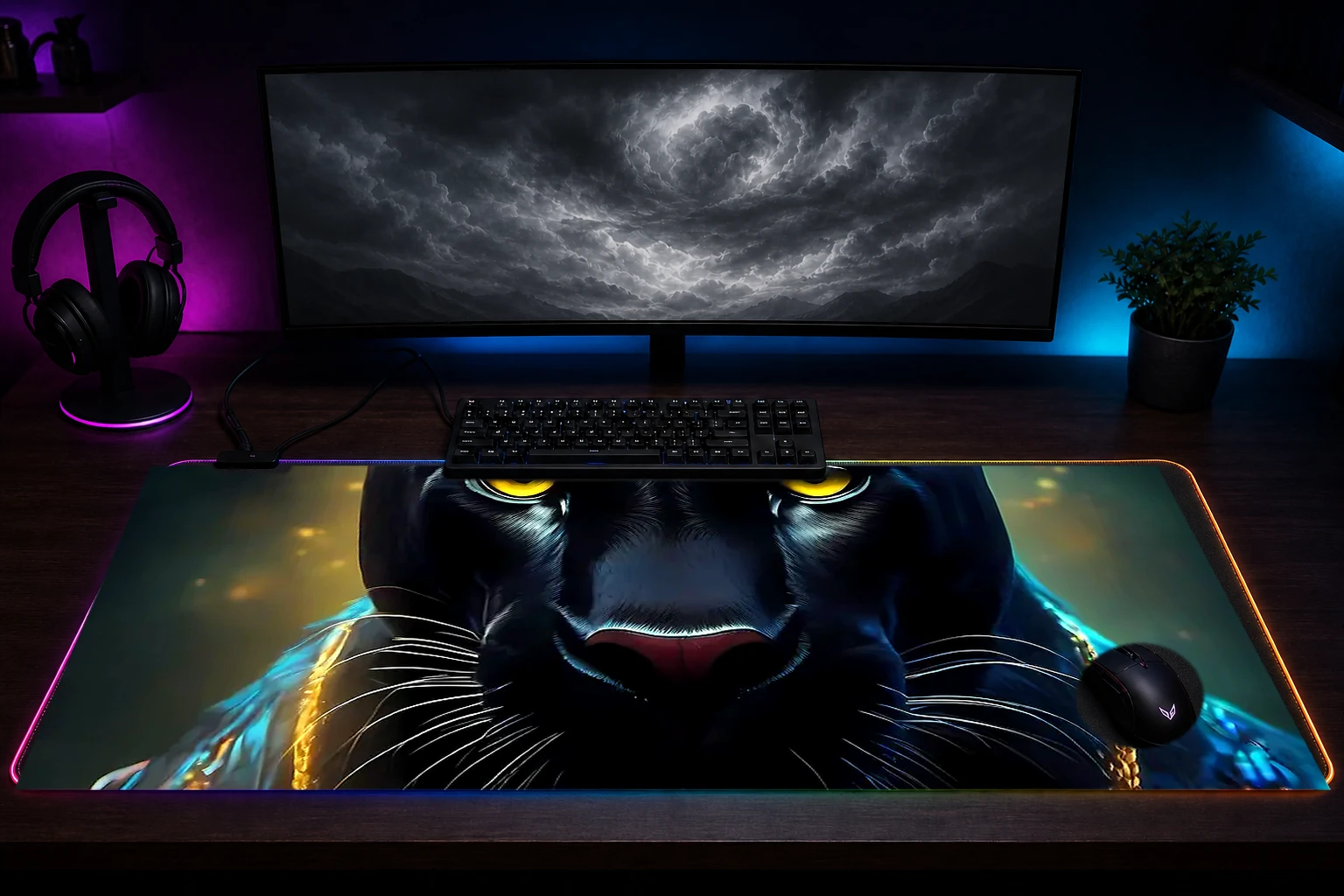 Black Panther RGB Desk Mat immersive setup scene
