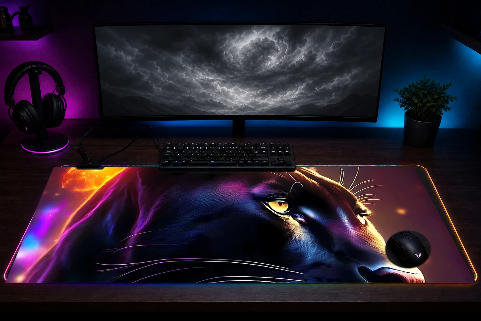 Black Panther RGB Desk Mat immersive setup scene