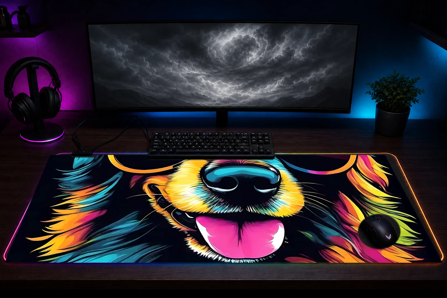 Dog RGB Desk Mat immersive setup scene