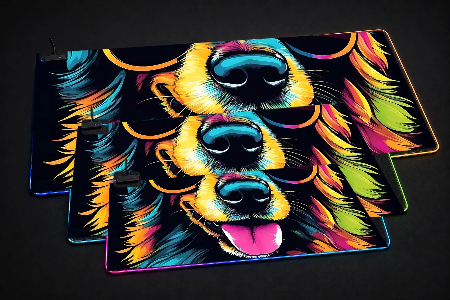 Dog RGB Desk Mat three-size comparison