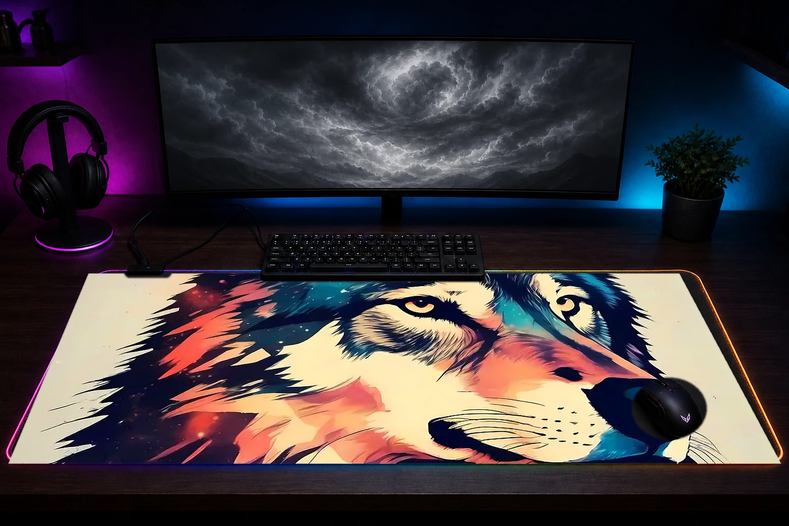 Wolf RGB Desk Mat immersive setup scene