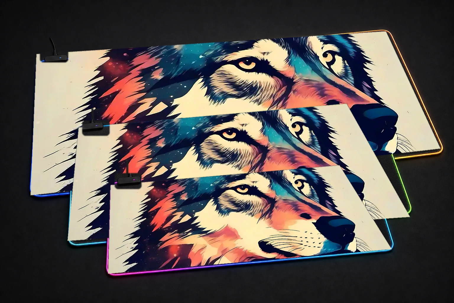 Wolf RGB Desk Mat three-size comparison