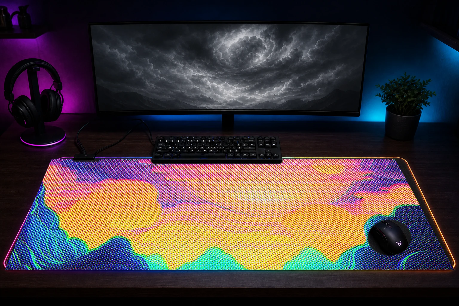 Line Art Neon Nature RGB Desk Mat immersive setup scene