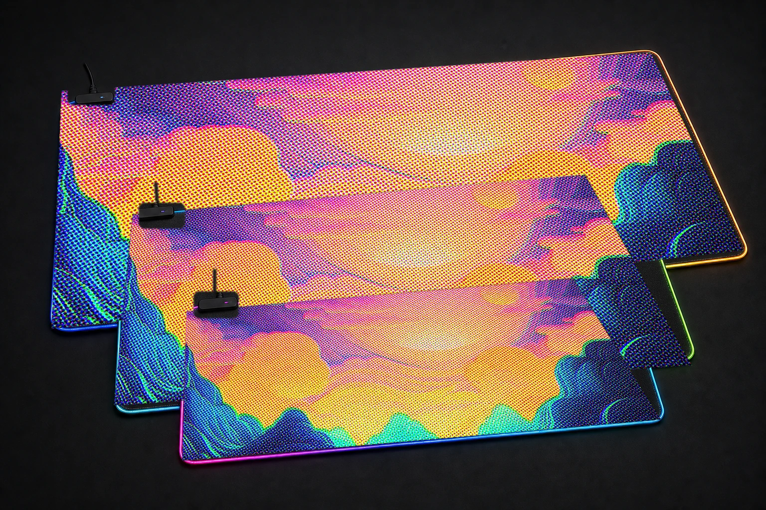 Line Art Neon Nature RGB Desk Mat three-size comparison
