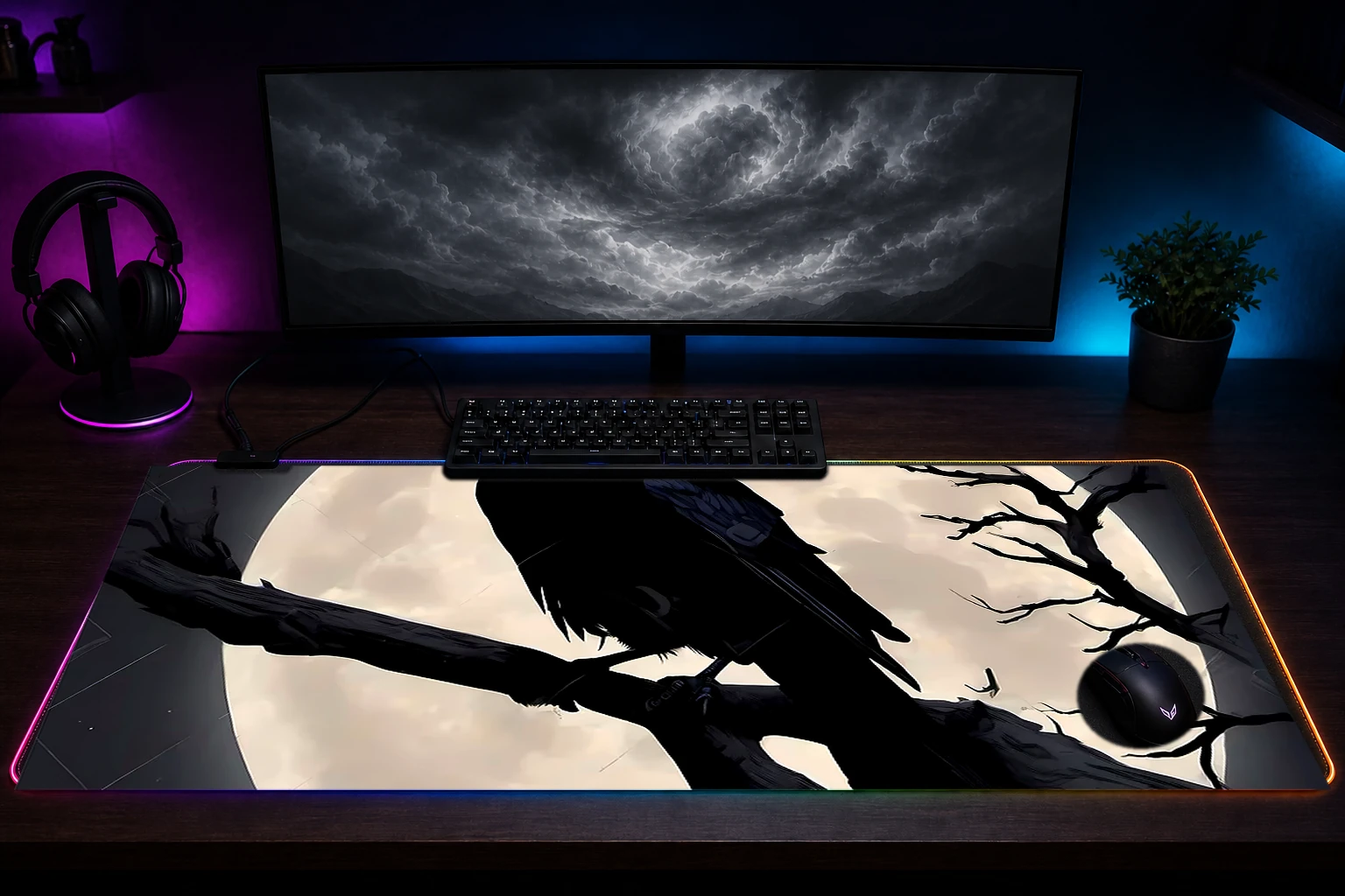Crow RGB Desk Mat immersive setup scene