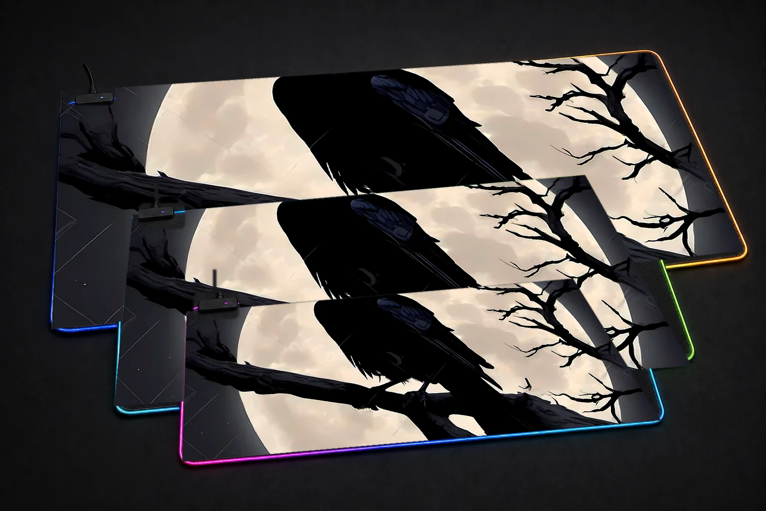 Crow RGB Desk Mat three-size comparison