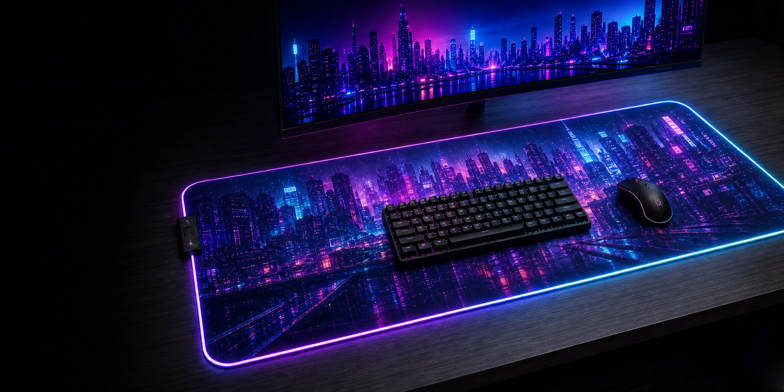 RGB desk mat across a neon city gaming setup